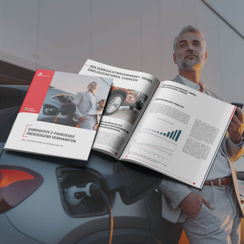 Businessman charges electric car and holds white paper on used electric vehicles from Promotor